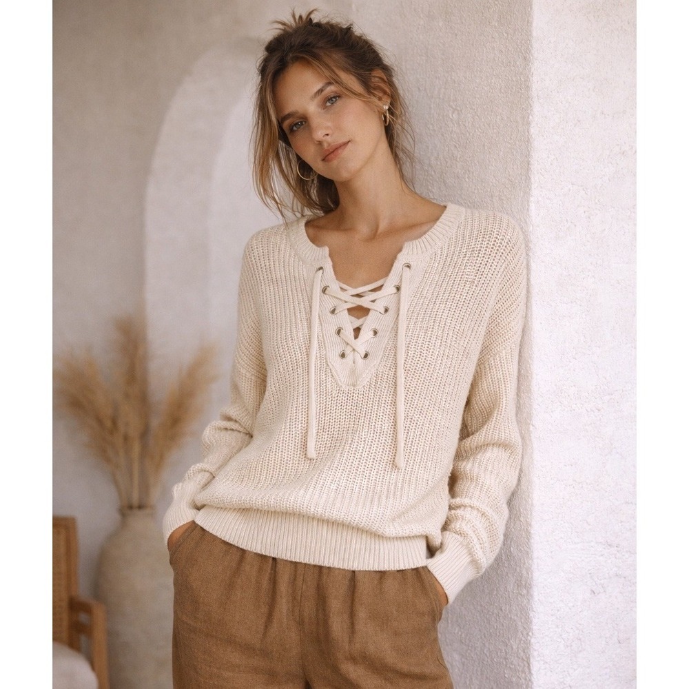 Madewell Women's Ribbed Lace-Up Dropped Shoulder Sweater Cream M NEW